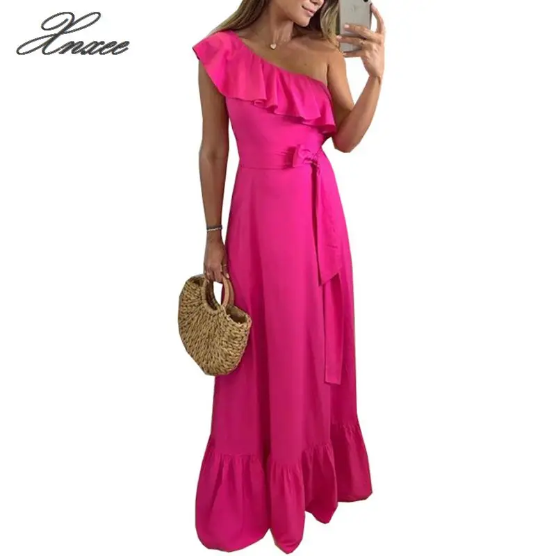 

2020 Summer Women Dress One Shoulder Sleeveless Ruffles Party Dress