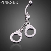 punk surgical steel piercing navel bar dangle handcuffs pendant belly button rings fashion woman body jewelry wholesale