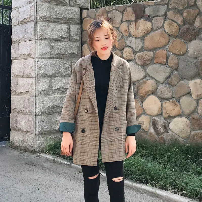 Plaid Vangull клетчатые женские блейзеры Модные Винтажные женские пальто с длинным рукавом весна осень однобортный корейский Свободный Женский блейзер - Цвет: Plaid