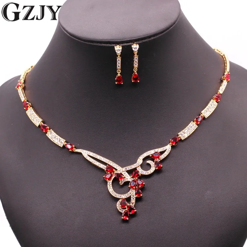 Champagne red GZJY Роскошный Золотой Цвет капли воды многоцветный циркон ожерелье серьги Свадебные Ювелирные наборы для женщин Свадебные - Окраска металла: Champagne red