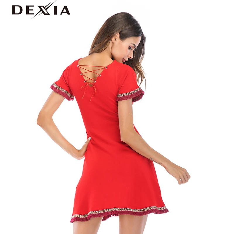DEXIA летнее Красное Платье Vestidos De Fiesta 2018 Sukienka одежда с v образным вырезом