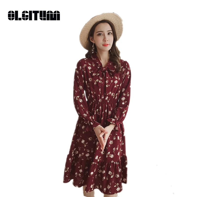 

New 2020 Autumn Women's Bow Chiffon Dress Waist Slimming Long Sleeves Floral Women Dress Sweet Chic Women Dress
