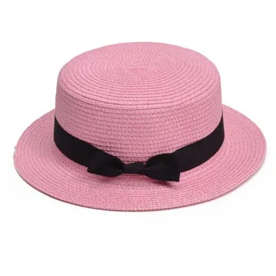 Pink Женские шляпы, Дамская соломенная шляпа-котелок, шляпа от солнца, круглая плоская кепка, летняя пляжная кепка, моряк, Трилби, кепка A456 - Цвет: Pink
