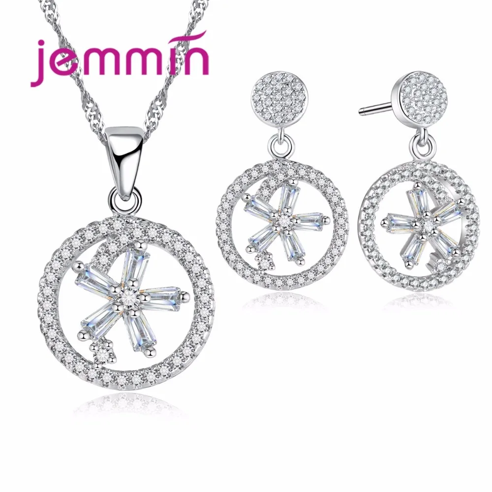 

Gorgeous Sparking 925 Sterling Silver Jewelry Set Necklace Earrings Bijoux Sets Classic Round Hollow Flower Inside New Design