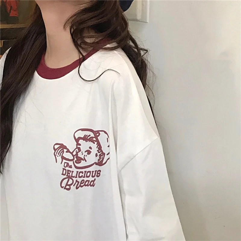 2 цвета 2019 летние топы корейский стиль Свободные Мультфильм Письмо rint короткий