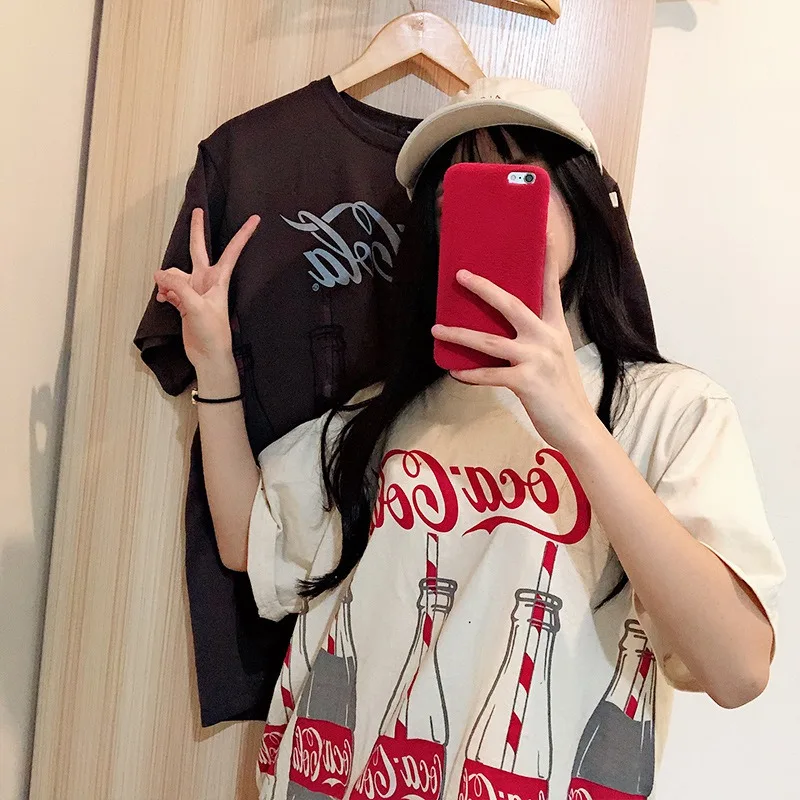 Women's Round casual summer tee shirt fashion tshirt hot sales girls cool Neck Cartoon Coke Print Short Sleeve Long T-Shirt