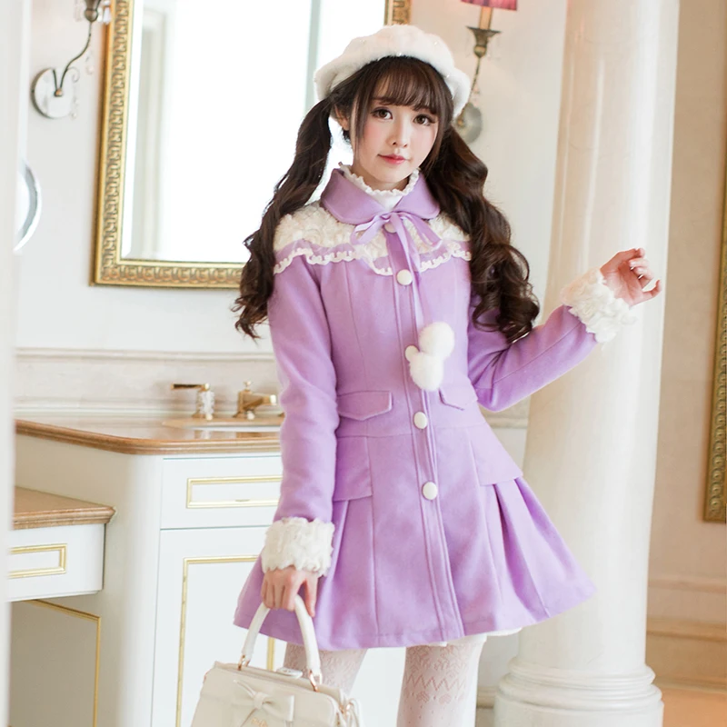 

Princess sweet lolita coat The little girl long wool coat thick long sleeved waist slim Candy rain woolen coat women C22CD7292