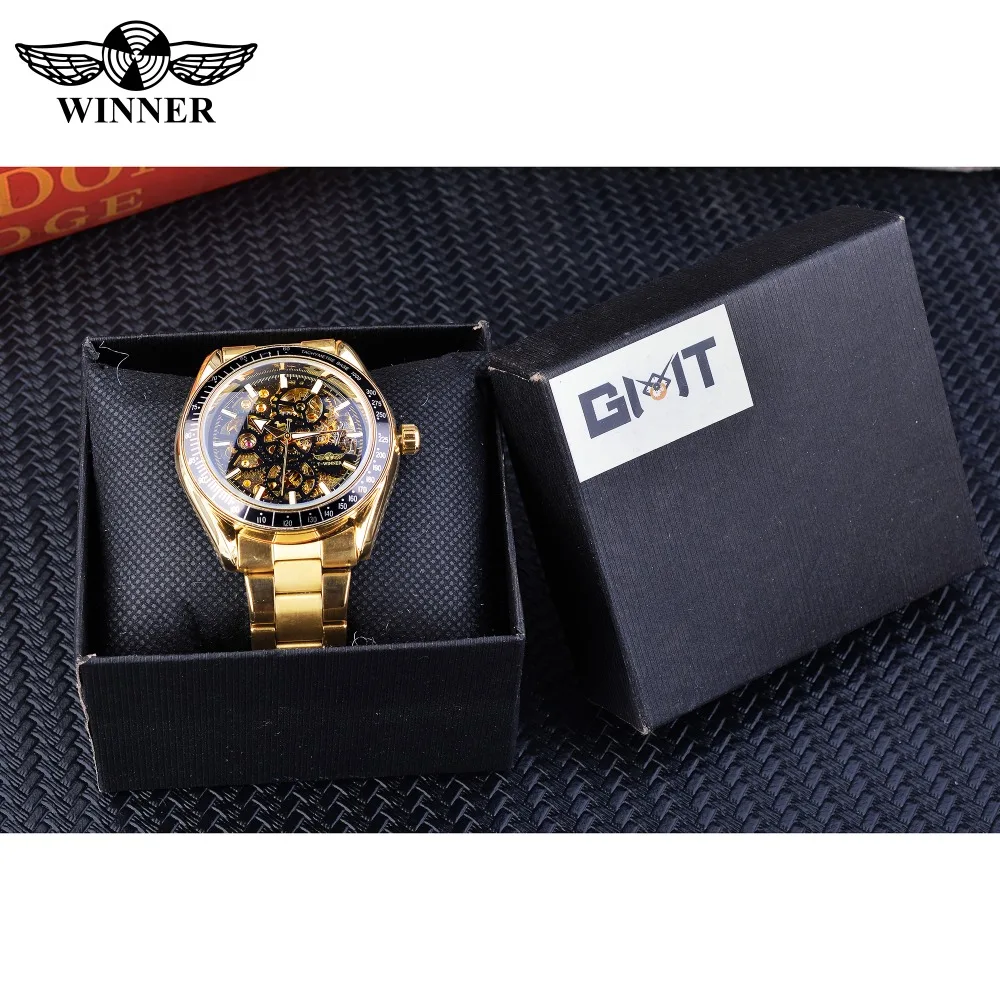 Часы Winner мужские классические черные золотые механические автоматические