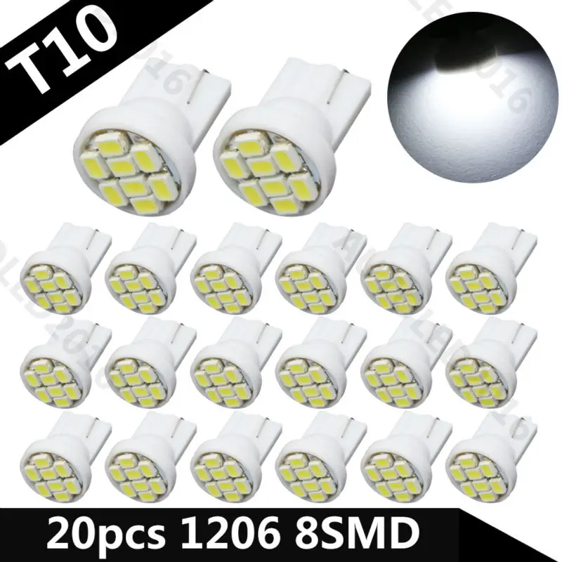 

20pcs T10 W5W LED 192 168 1206 3020 SMD 8 chips LED White Doom Map Light Lamp For Auto Car Interior Wedge License Plate Lights