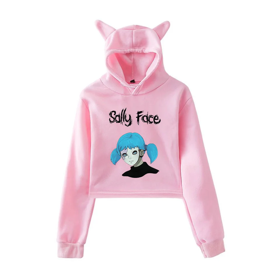 sally pink hoodie Новинка, милая Женская толстовка с капюшоном Sally face для девочек, кроп-топы с кошачьими ушами и принтом в виде глаз sally, укороченная толстовка с капюшоном в виде кошки, пуловер XXS-XXL - Цвет: sally pink hoodie