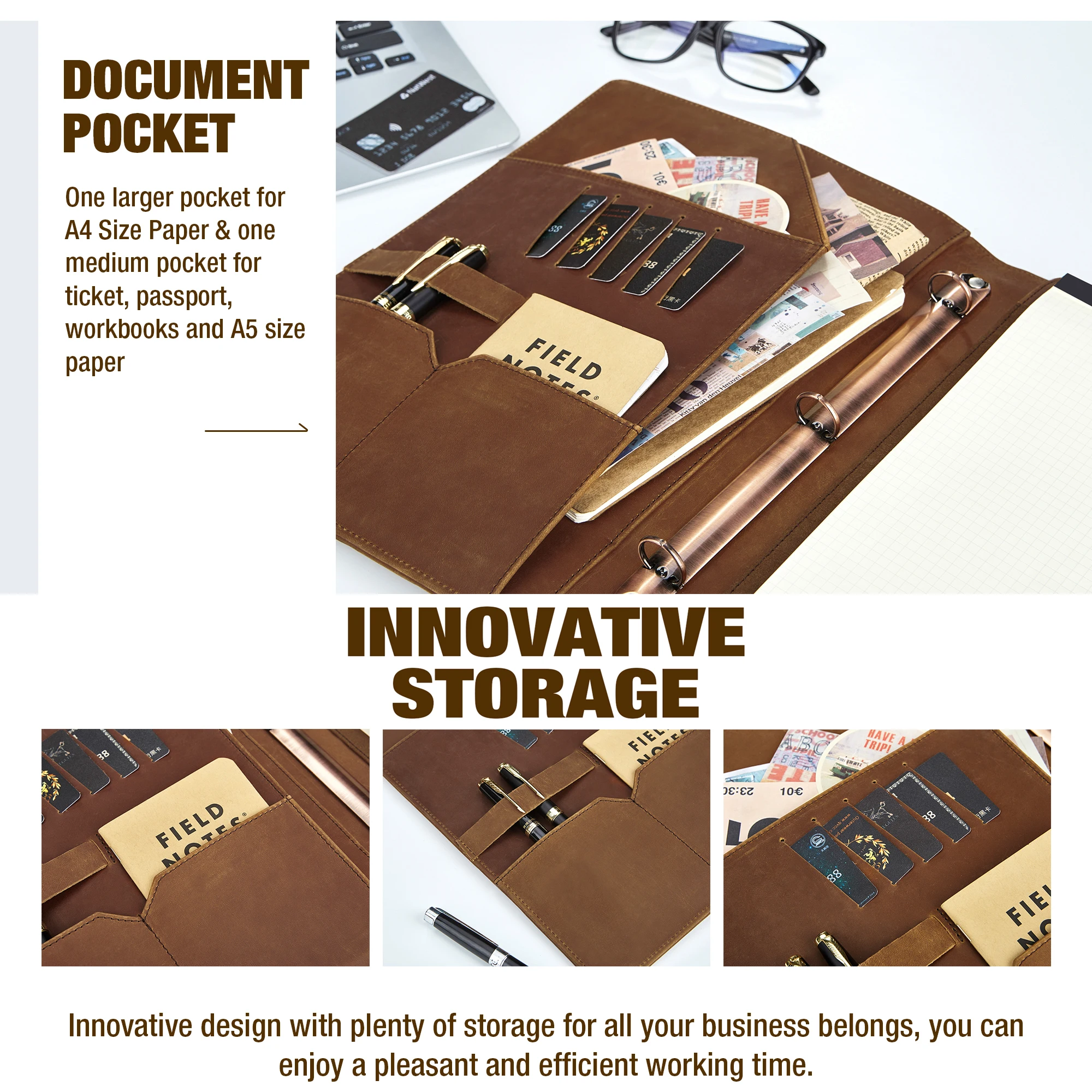 Ручной работы винтажная кожа 3 блокнот на кольцах A4 папка для файлов бизнес