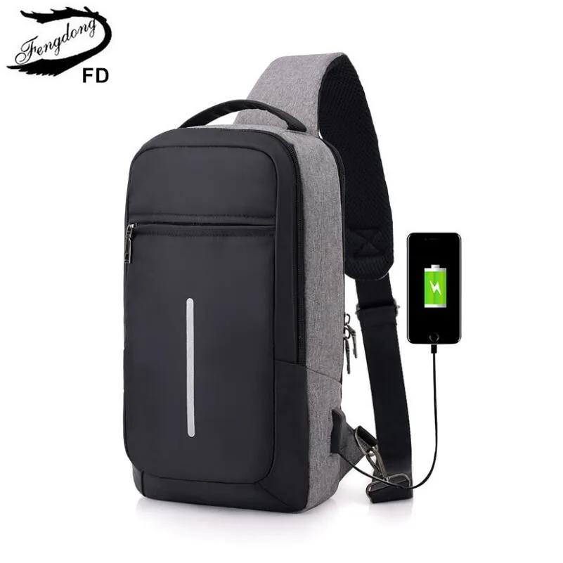 dark grey Мужская сумка FengDong на лямках, сумка для путешествий, светоотражающая полоска, мужская сумка на одно плечо, usb сумка, водонепроницаемая маленькая сумка-мессенджер, рюкзак - Цвет: dark grey