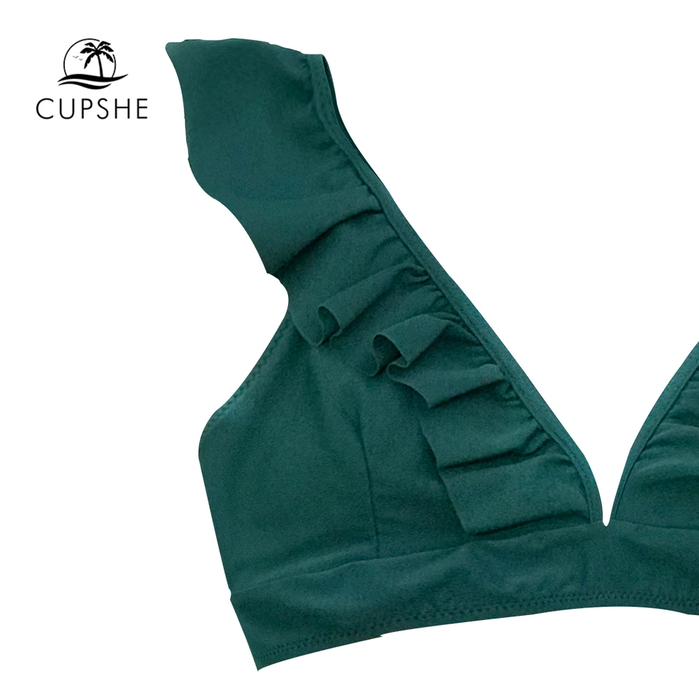 CUPSHE, Одноцветный зеленый комплект бикини с оборками, женские милые купальники на шнуровке из двух частей,, для девушек, пляжные купальники, купальники