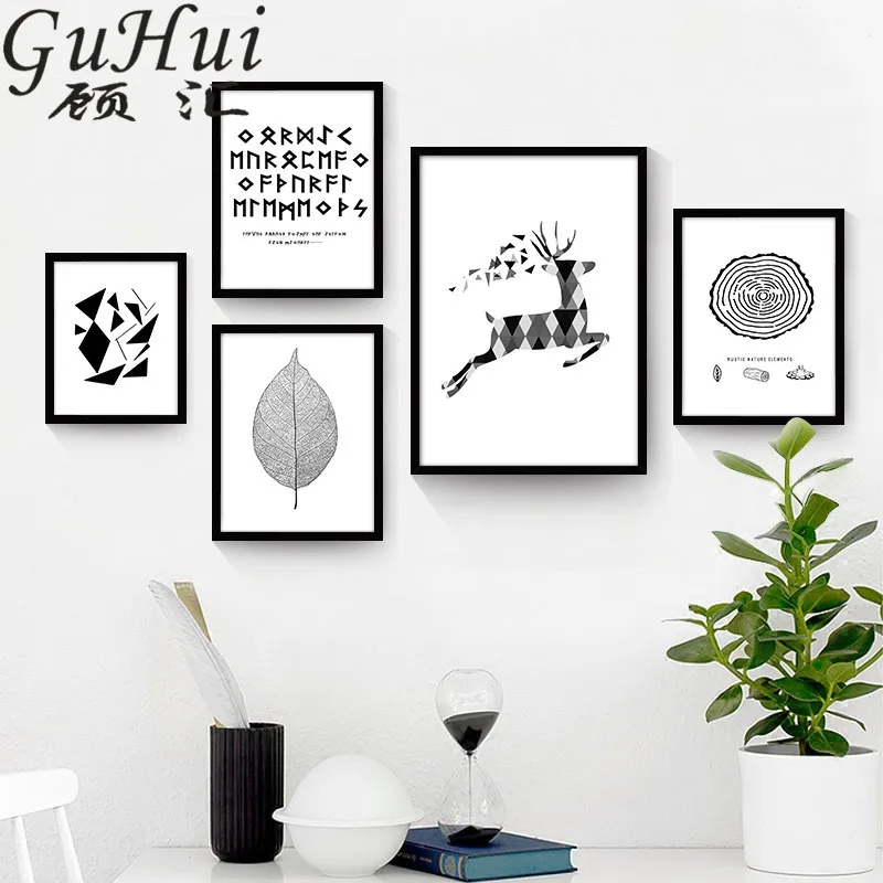 Nordic Black White Geometric Shapes Leaf Abstract Annual Ring Cartoon Wall Pictures Text Living Room Decor Elk Painting Poster|painting poster|wall