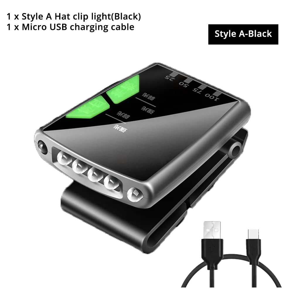 Style A-Black Индукционный светодиодный светильник с зажимом, супер яркий светодиодный налобный фонарь, перезаряжаемый рыболовный светильник, удобная для ношения лампа - Испускаемый цвет: Style A-Black