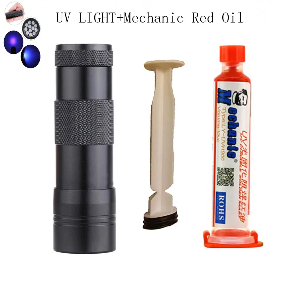 UV light red oil MECHANIC 10 мл зеленая УФ паяльная маска PCB BGA краска предотвращает КОРРОЗИОННОЕ дуговое пайка сварочные флюсы масло+ 12led УФ светильник+ плунжер - Цвет: UV light red oil