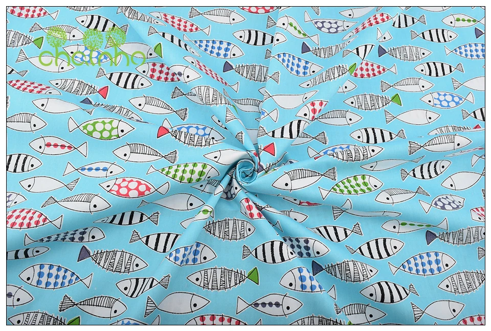 Chainho, 7 шт./лот, серия Fish, хлопковая саржевая ткань с принтом, Лоскутная Ткань, DIY швейный материал для стеганых изделий для детских и детских простыней