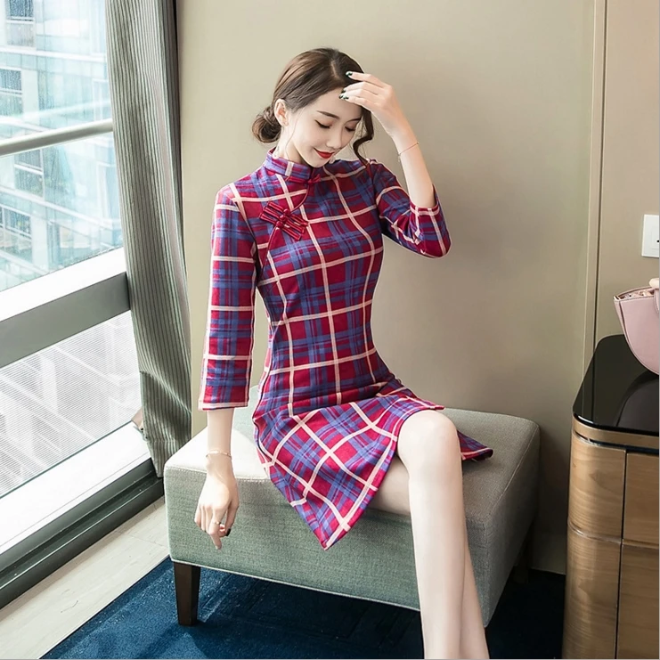 2018 новое осенне-зимнее тонкое Замшевое платье Чонсам с длинными рукавами |