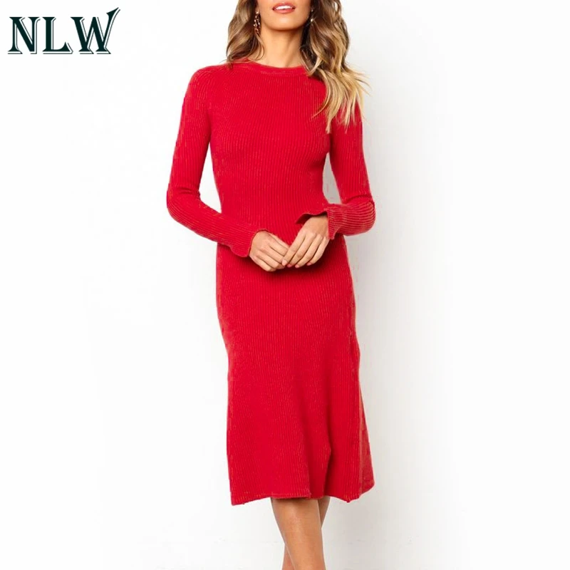 NLW однотонное вязаное платье с длинными рукавами до середины икры женское 2018