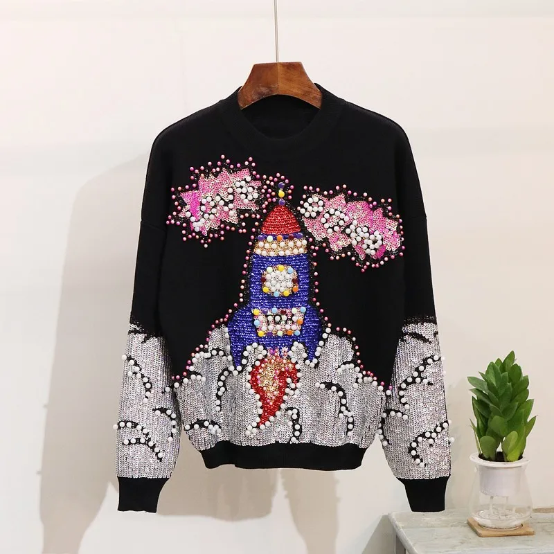 Высокое качество женские вышитые клеш блёстки свободные Kintting комплекты из 2