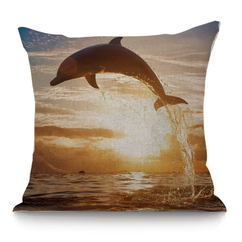 Льняная хлопковая наволочка с изображением дельфина мультяшным рисунком для