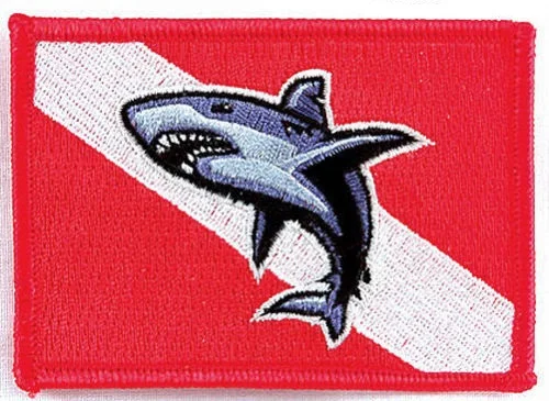

SCUBA DIVING GREAT WHITE SHARK DIVER DOWN EMBROIDERED PATCH IRON-ON RED EMBLEM
