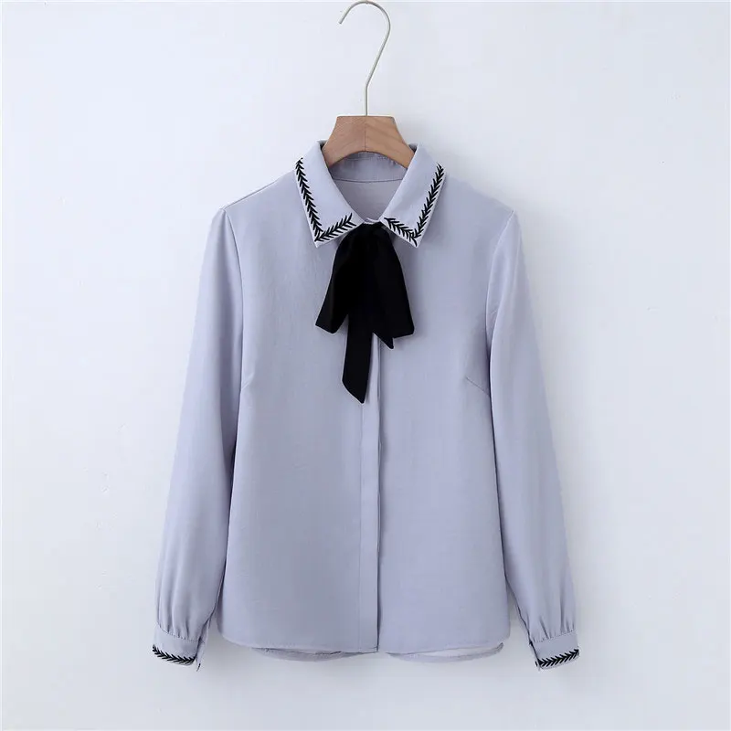 Pale Blue Новинка, женская рубашка, однобортная, отложной воротник, длинный рукав, хлопок, вышивка, женская рубашка на шнуровке, бант,, T8D413Z - Цвет: Pale Blue