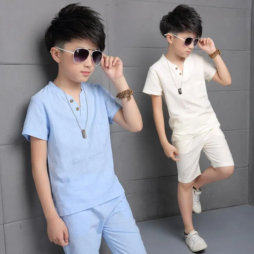 High quality children's suit 2019 summer new Korean boy big fashion solid color V-neck cotton and linen two-piece |