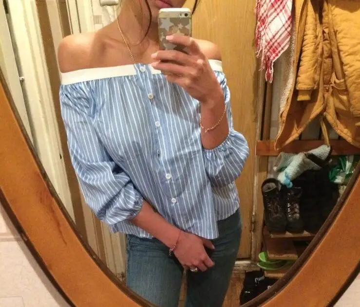 

Women Blouse Shirt Tops Dress T-shirt Pull Blouson Blue White Stripe Blue and white striped off shoulder sexy shirt Size S-5XL