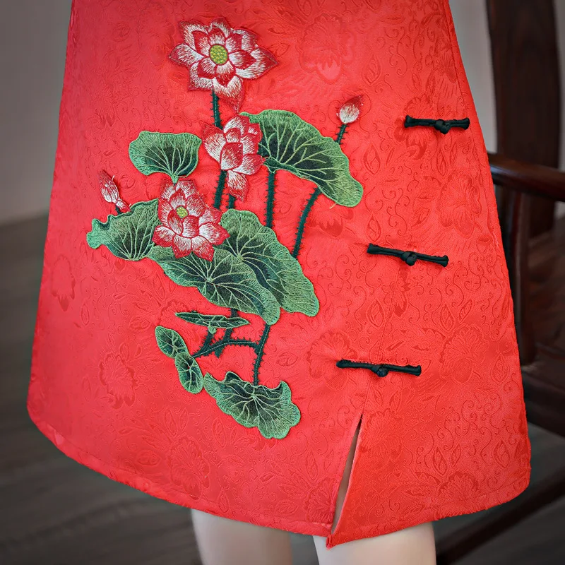

Chinese Knee Length Dress Women's Cotton Cheongsam Size S-3XL