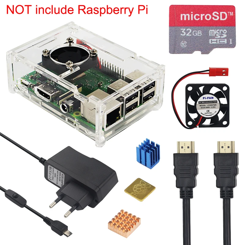 Raspberry Pi 3 Model B+ набор аксессуаров акриловый чехол+ sd-карта 16G+ адаптер питания+ вентилятор+ радиатор для Raspberry Pi 3 Model B