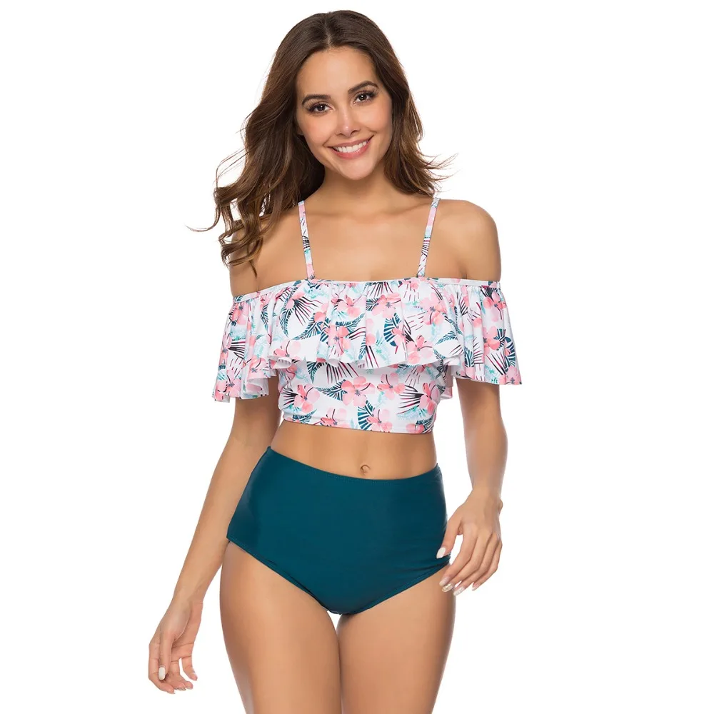 Женский милый купальник бикини с открытыми плечами и принтом перьев большого