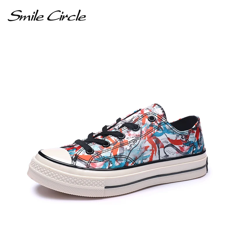 Smile Circle/; сезон весна; разноцветная обувь на плоской платформе; женские модные парусиновые кроссовки с высоким берцем; женская повседневная обувь на шнуровке