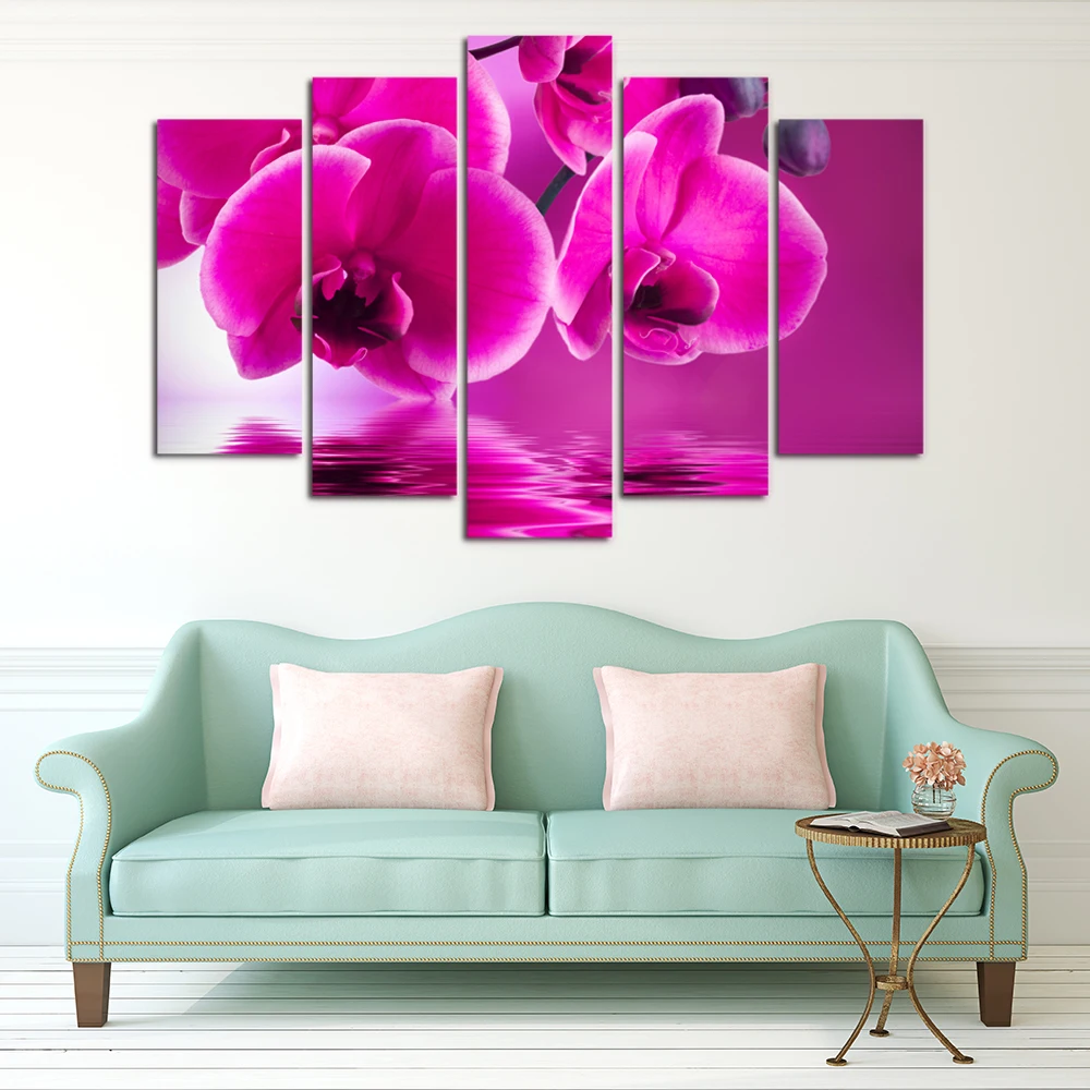 Картина из 5 холстов серии "Орхидеи" с коллажем, печатью изображения и рамкой для подвешивания на стену в гостиной по низкой цене.