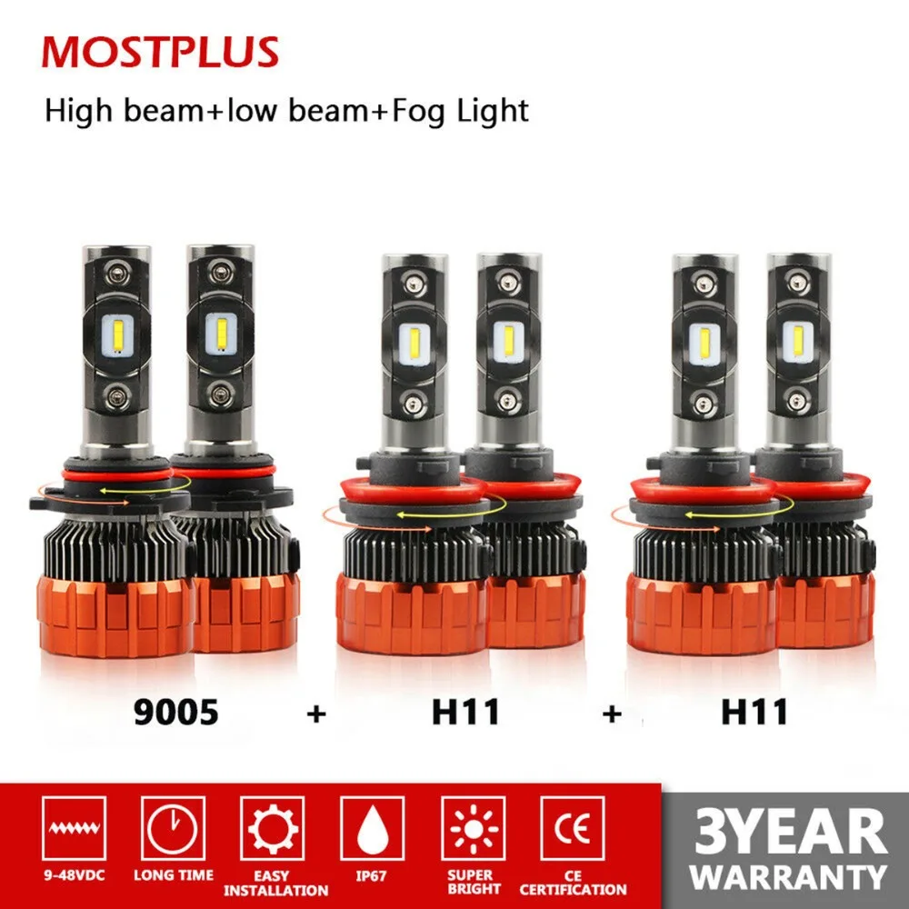 

9005+H11+H11 MOSTPLUS Focused LED Headlight Hi/Lo Beams+Fog Light White Color 80w Light Clear H11 LED Lamp Bulb 6000K Halogen