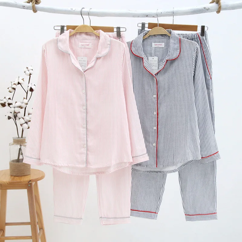 

Gauze Cotton Striped Sleepwear Women Long Sleeve Long Pants 2PCS Pajamas Sets four seasons Homewear Female Nightwear soft