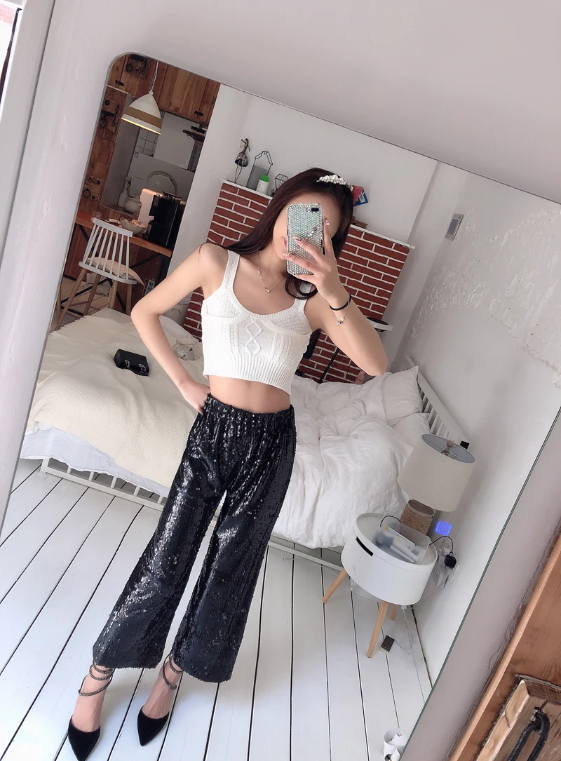 Брюки черарт с блестками женские серебристые широкие эластичной талией до