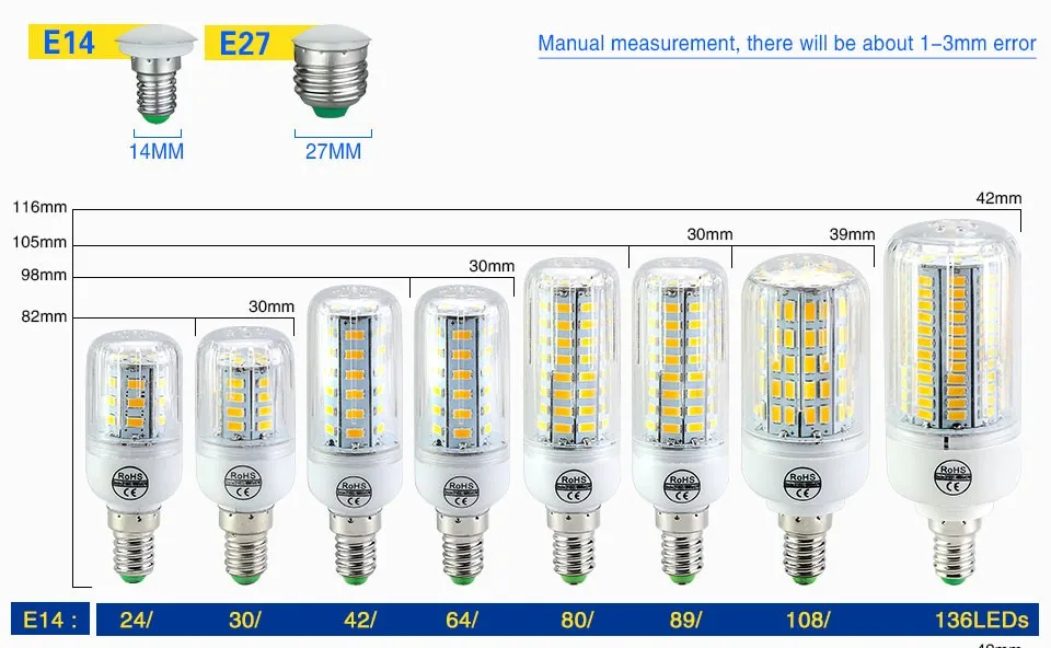 Светодиодный Светодиодная лампа-кукуруза E27 220V 230V 5730 SMD E14 светодиодный светильник 24 30 42 64 80 89 108 136 светодиодный s ампулы Bombillas для Кухня Гостиная