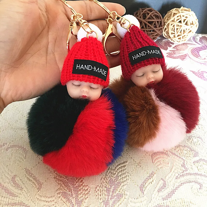 PINXIU Спящая кукла брелок с помпоном из кроличьего меха для автомобиля женский