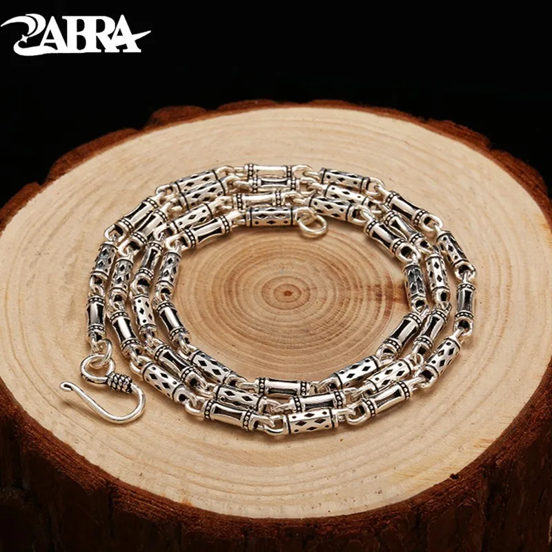 

ZABRA Real 925 Sterling Silver 4mm 60cm Bamboo Shape Men's Long Necklace Vintage Steampunk Retro Link Chain Cool Silver Jewelry