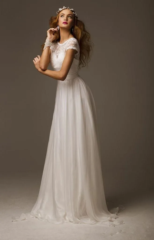 Free shipping Women dress Spring Summer Cap Sleeves Chiffon Beach Wedding Dresses Floor Length Bridal Gowns Hot Sale | Свадьбы и