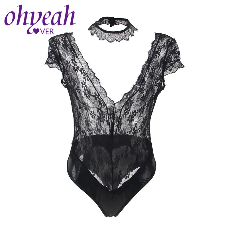 Ohyeahlover, новинка, боди, черное, кружевное, боди, костюмы, кожа, пэчворк, комбинация, Тедди, с чокером, v-образный вырез, женские комбинезоны, RM80624