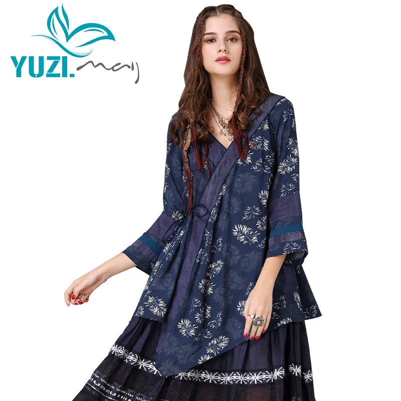 Women's Blouse 2018 Yuzi.may Boho New Cotton Polyester Blusas V-Neck Floral Print Drawstring Asymmetrical Women's Shirt B9236