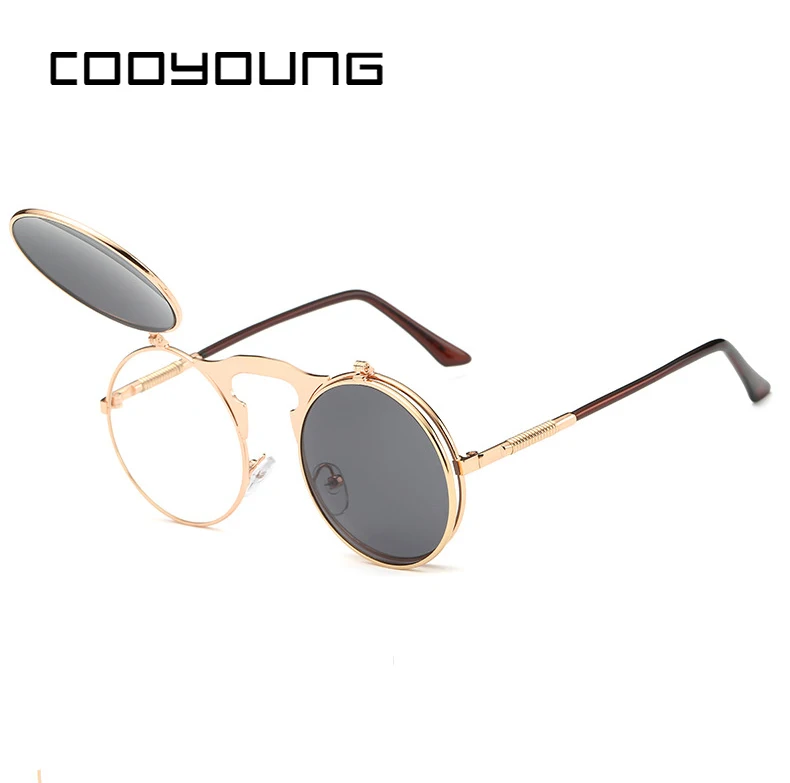 COOYOUNG Новые Модные Винтажные круглые стимпанк Флип-ап солнцезащитные очки паровые панк раскладушка дизайн ретро солнцезащитные очки Oculos De Sol - Цвет линз: C1