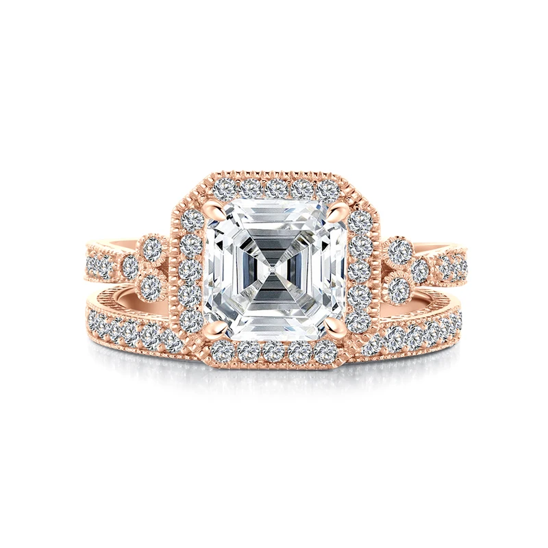 AINUOSHI 3 карата огранка камня «asscher Cut» Halo Кольцо Набор обручальное кольцо с искусственным бриллиантом Свадебный набор серебряных колец ювелирные изделия для женщин