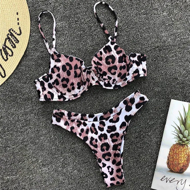 B528Leopard Сексуальный бикини на косточках, два предмета, купальник для женщин, v-образный вырез, купальник, леопардовый бикини, набор, купальники с эффектом пуш-ап, женский бикини - Цвет: B528Leopard