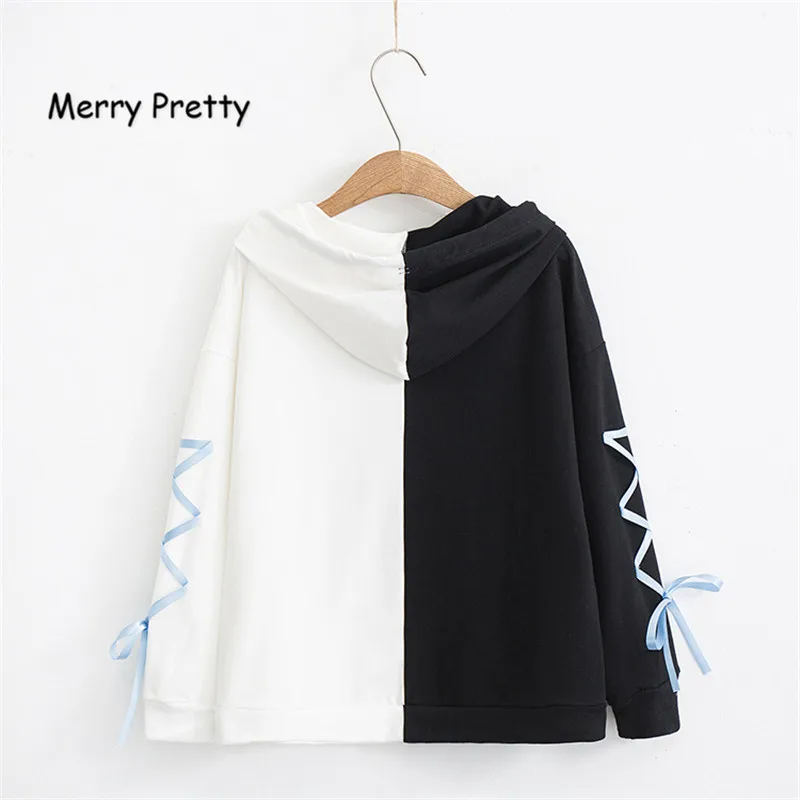 Merry Pretty Kawaii, женские толстовки с капюшоном, кролик, кот, милый пэчворк, милые девушки, на шнуровке, длинный рукав, толстовка, женские пуловеры