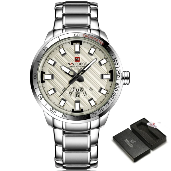 Silver White Роскошный бренд NAVIFORCE часы мужские спортивные полностью Стальные кварцевые часы мужские 3ATM водонепроницаемые часы мужские военные наручные часы - Цвет: Silver White