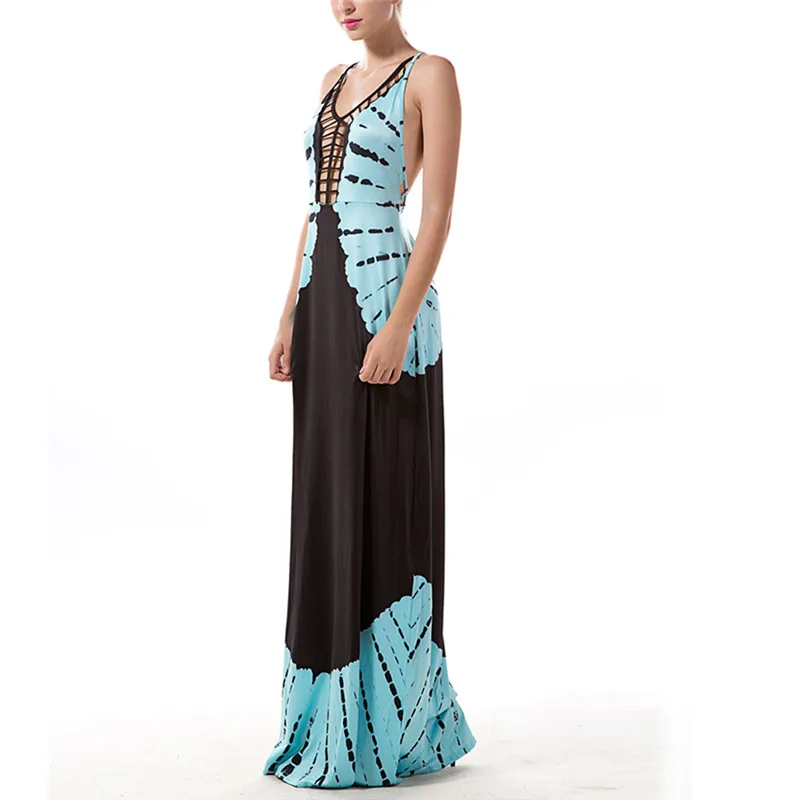 Синие летние пляжные Стиль Для женщин длинное платье Холтер v-образным вырезом Sexy