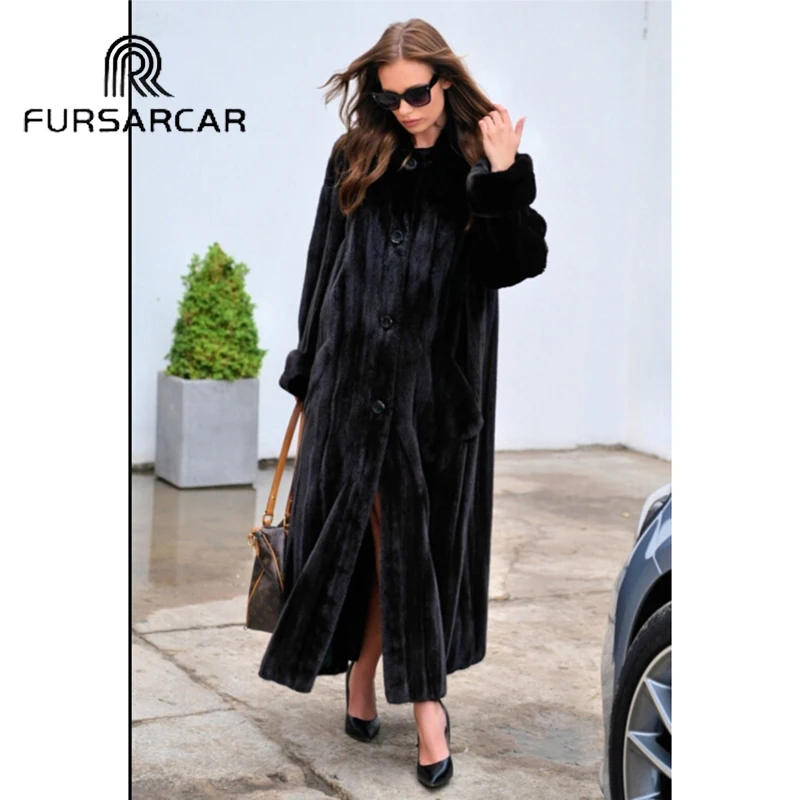 FURSARCAR, модное натуральное Норковое меховое пальто для женщин, натуральная кожа, мех норки, Женское пальто с отложным воротником, роскошный мех